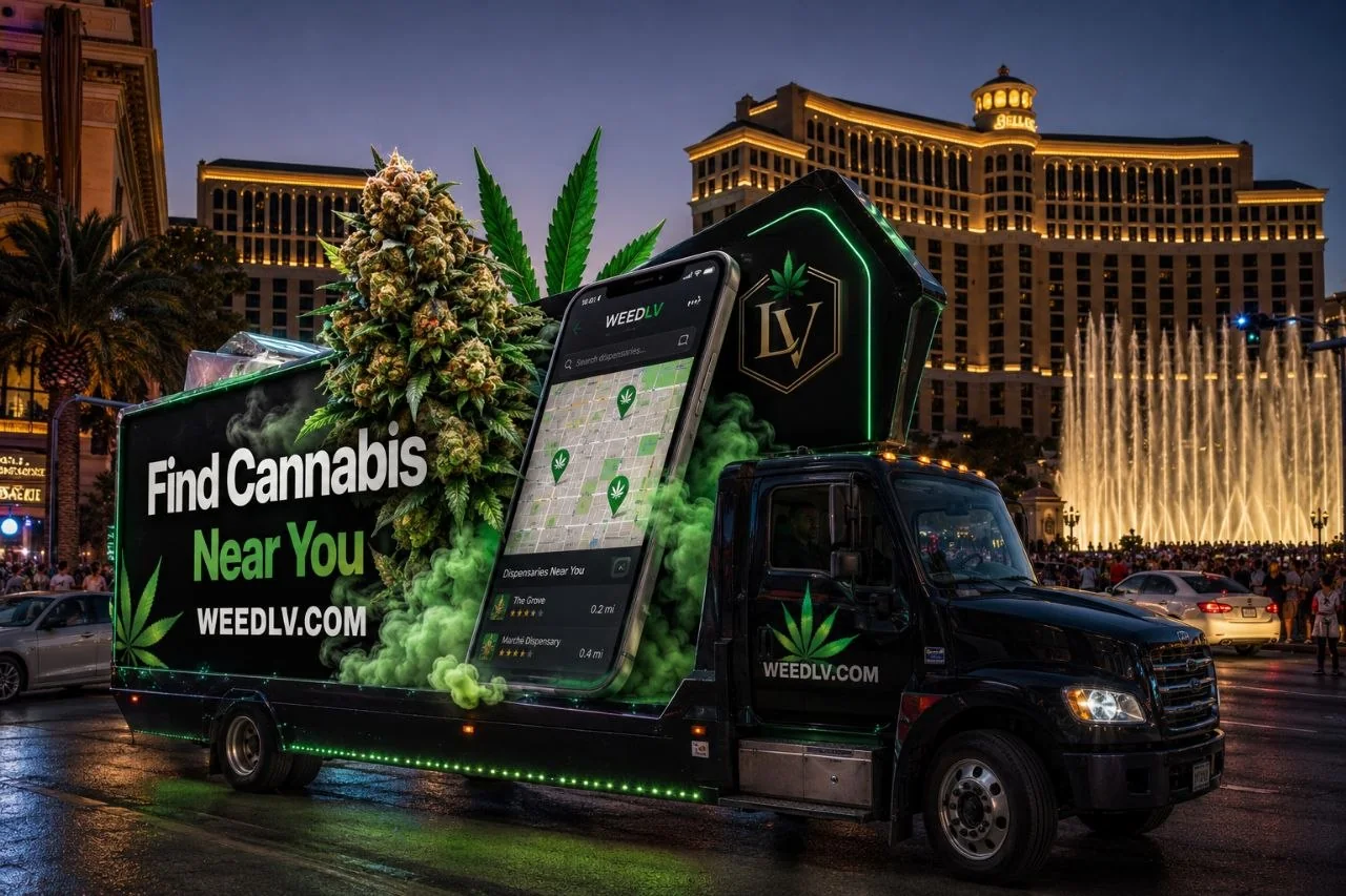 WeedLV mobile billboard truck on the Las Vegas Strip